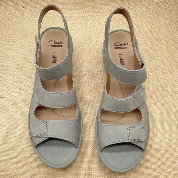 Clarks Shoes - Clarks Reedly Juno Sandal Nubuck Triple Strap Wedge Sage Soft Cushion Size 8.5 W
